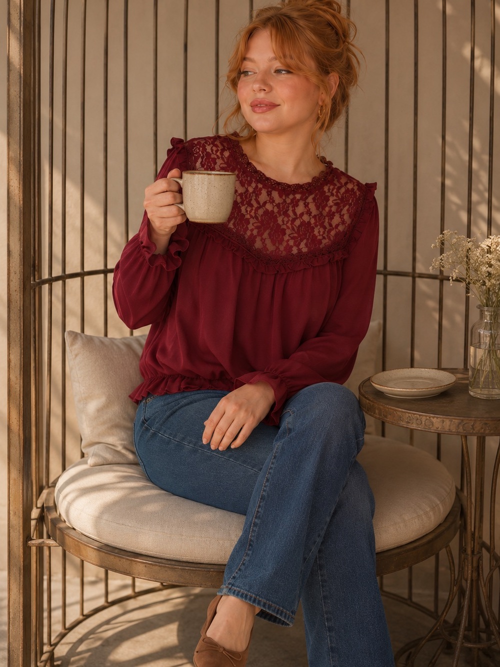 ModCloth Burgundy Lace Yoke Long-Sleeve Blouse - Picture 3 of 10